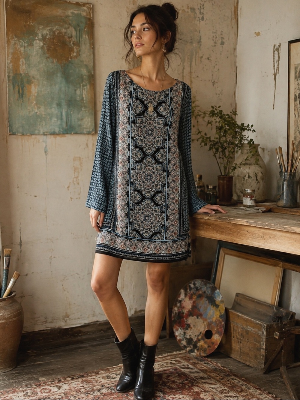 J. Jill Tunic Dress Abstract Artsy Boho Print Size Small